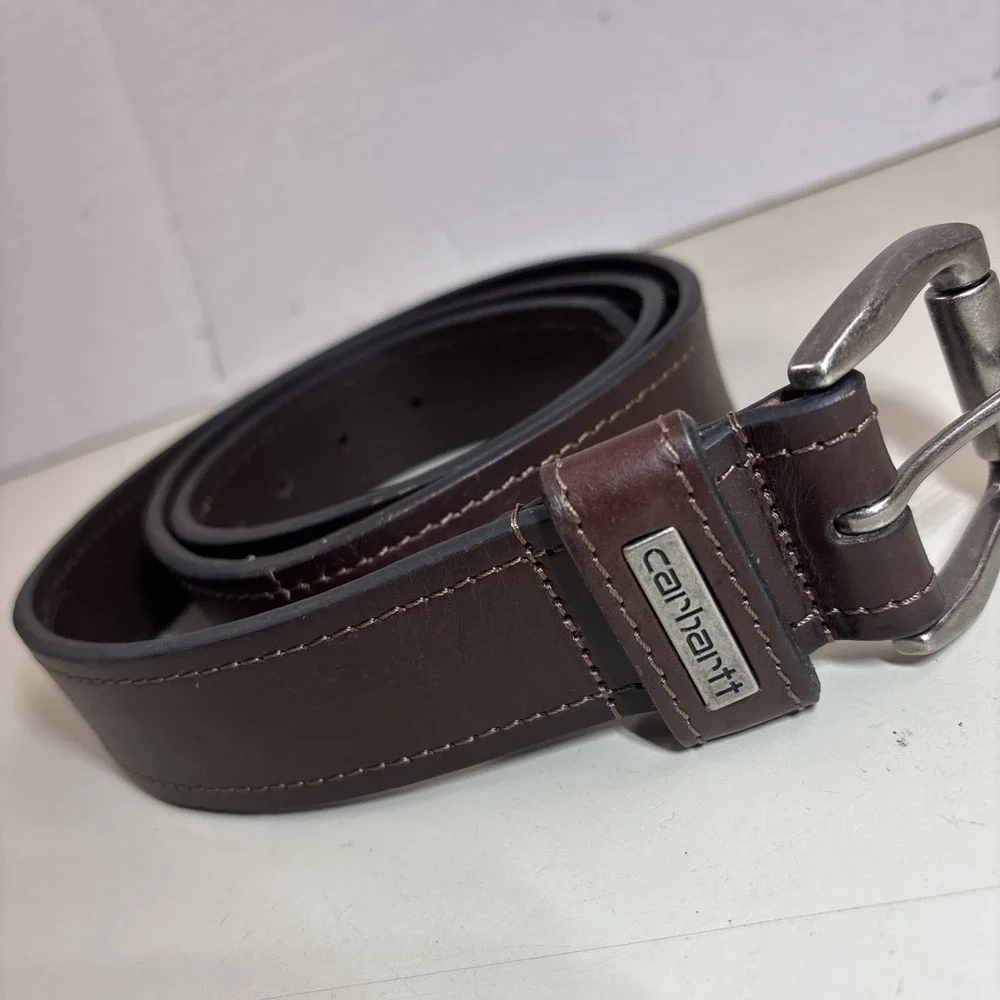 Carhartt Mens Brown Full Grain Leather Work Belt Size 44 WB5561-M Buckle Logo
